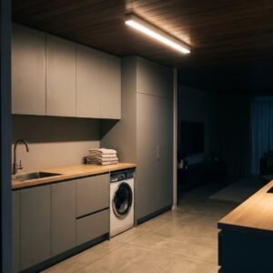 Warm white LED batten light fitted to the ceiling of a residential laundry